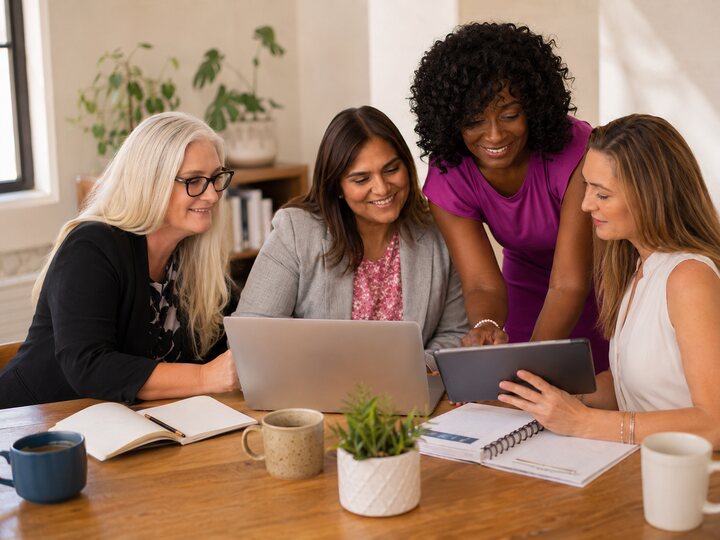 Women collaborating around business technology in a casual professional setting.